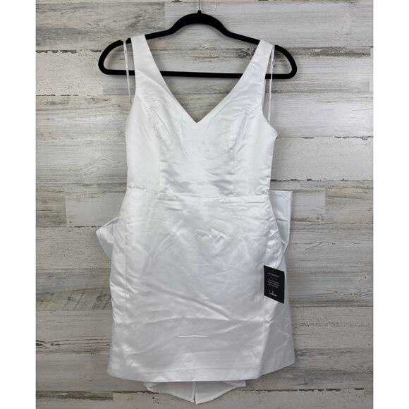 Lulus womens small Charming Celebration White Taffeta Bow Mini Dress new lined - Picture 1 of 4